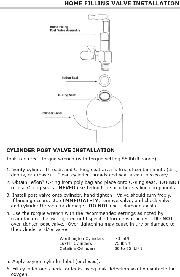 INVACARE HOMEFILL II POST VALVE CYLINDER REPLACEMENT ASSEMBLY FOR D CY